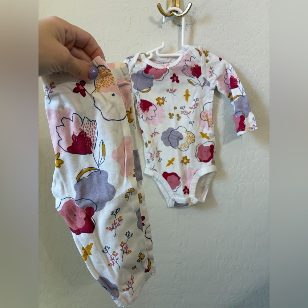 Carter's White Floral Long-Sleeve Bodysuit and Pants Set with Pink and Lavender